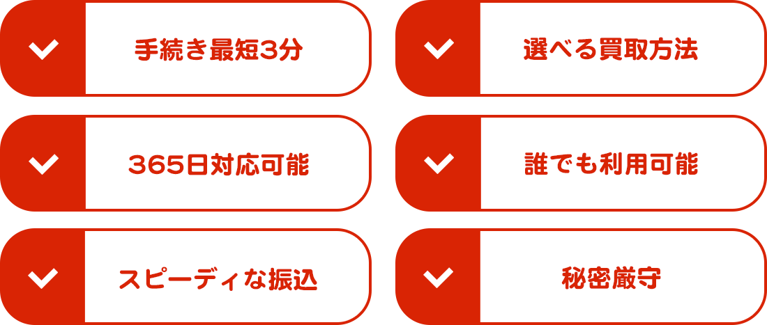 手続き最短5分/選べる買取方法/365日対応可能/どんな方でも利用可能/スピーディな振込/秘密厳守